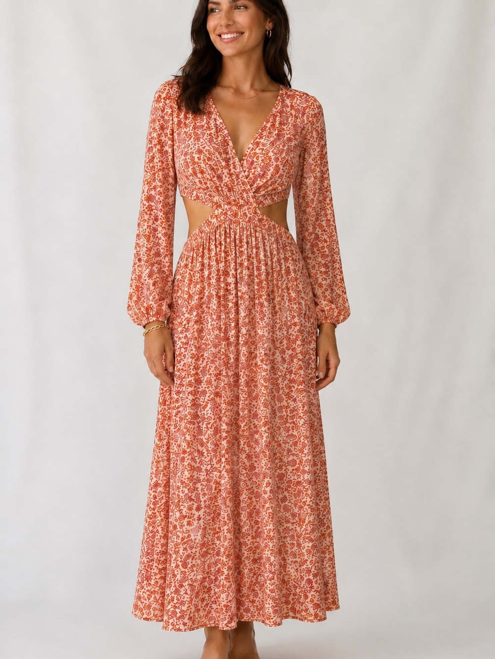 Floral Cutout Maxi Dress | Long Sleeve | Orange Pink Floral Print | Size L